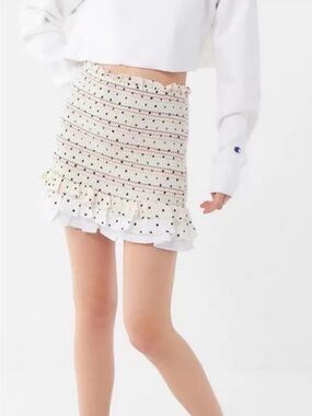 English Factory Polka Dot Smocked Mini Skirt White Multicolor Ruffle XS